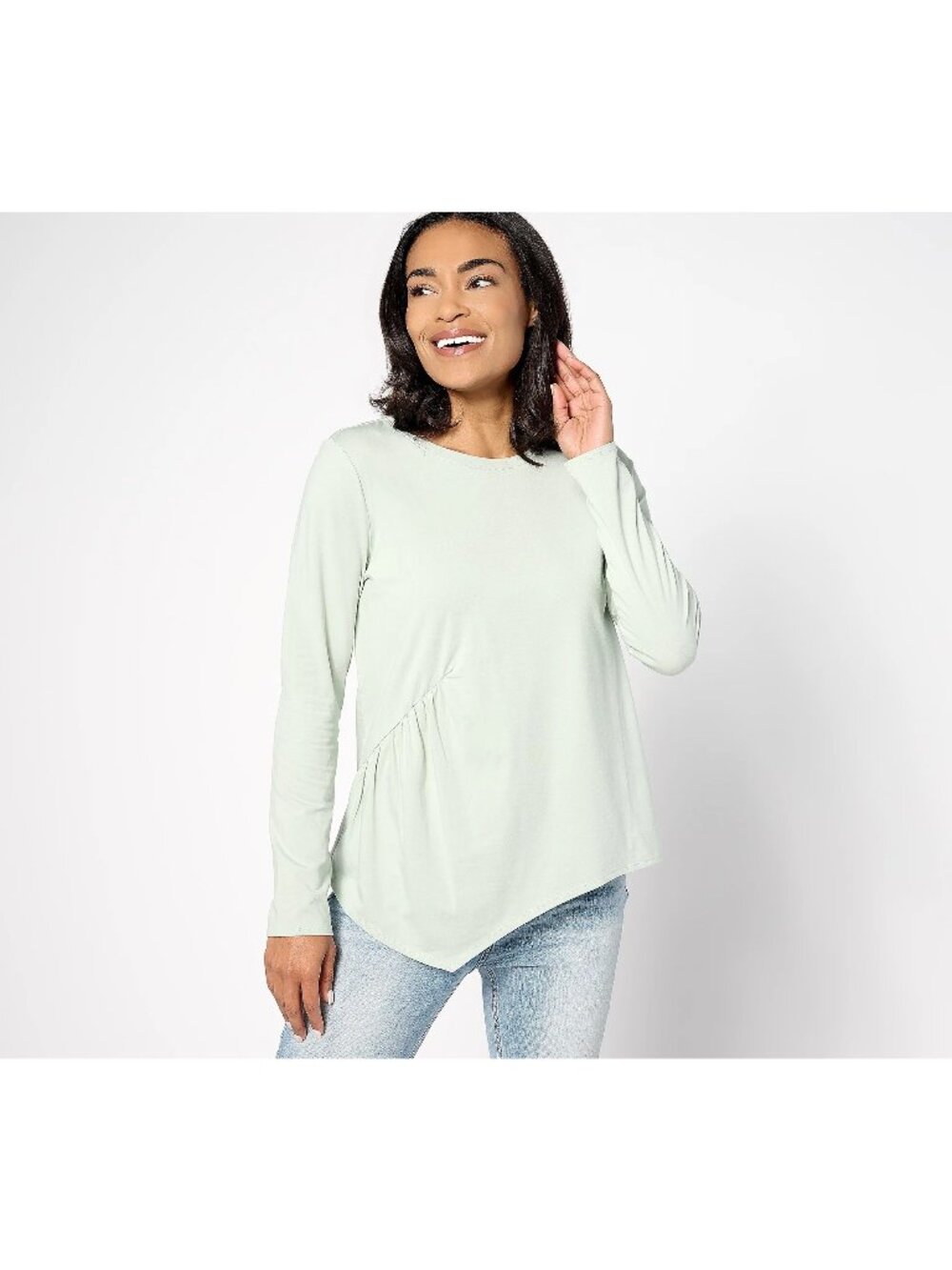 AnyBody Lounge Cozy Knit Top Size XS Asymmetric Hem Pullover Aqua Sage Green